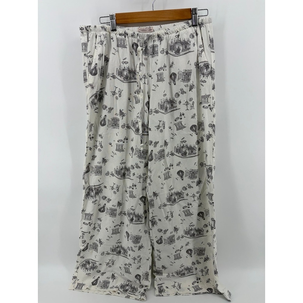 Sincerely Jules Pants, Paris Toile Print, Cream/ Gray Linen Blend, Women's Sz L